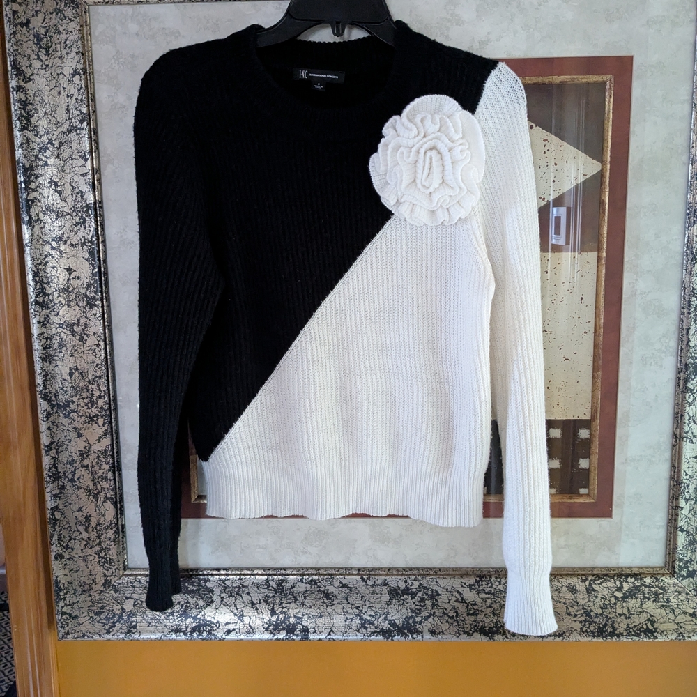 INC Black and White Crew Neck Sweater with Textured Flower Design